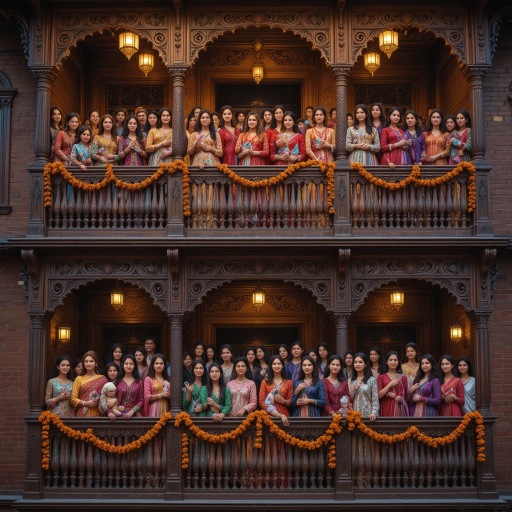 Colorful women gather on ornate balcony at festive twilight