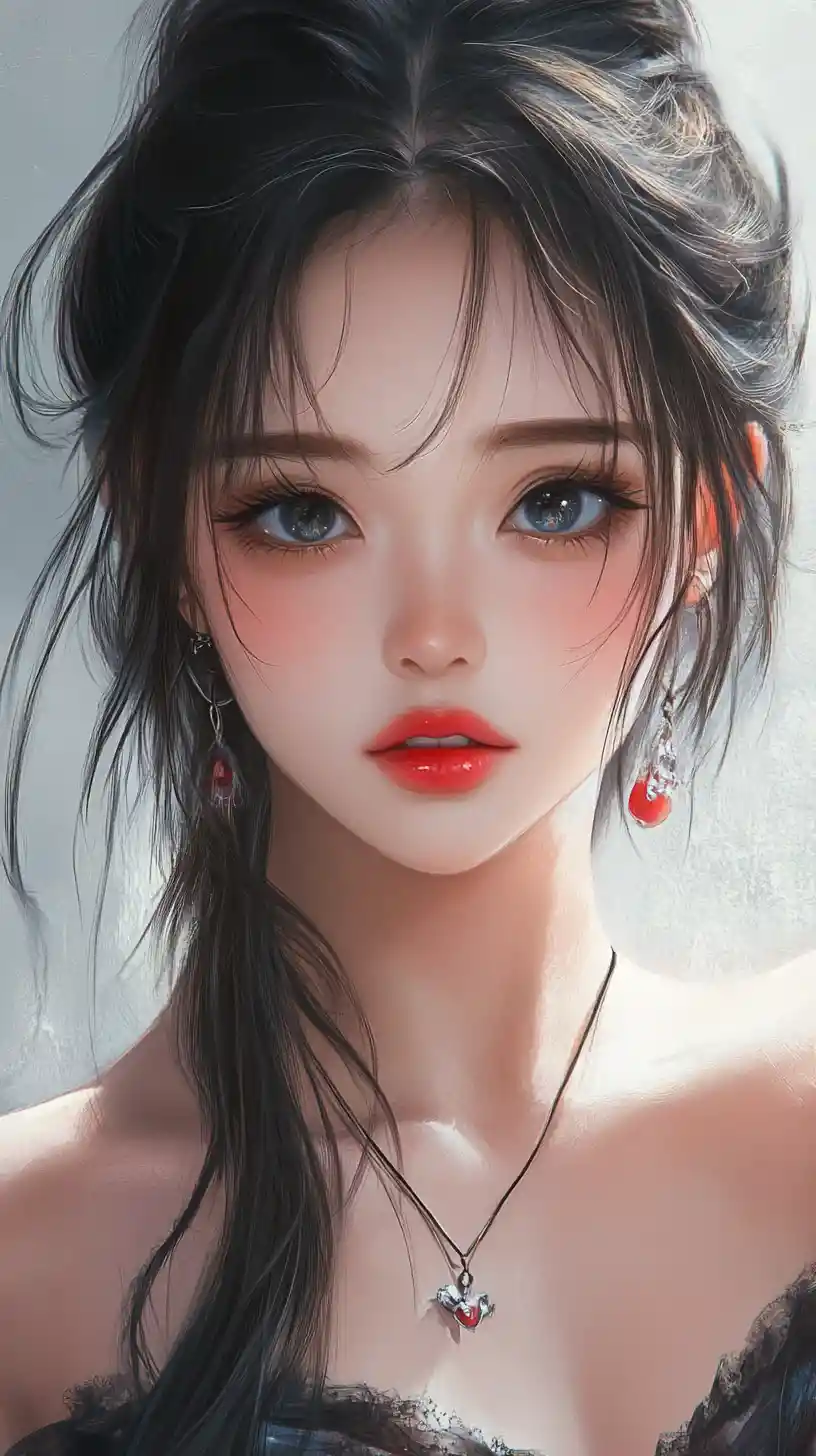 Elegant woman with red flowers in a stylized anime portrait