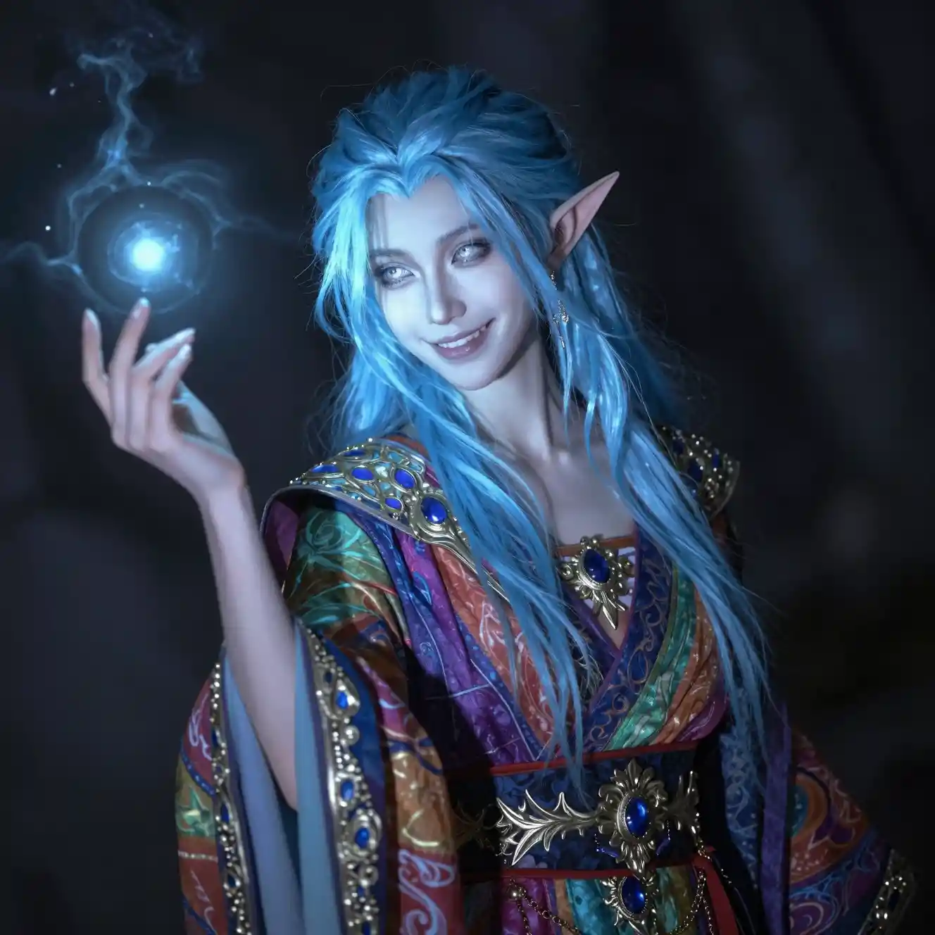 Mystical elf wizard with silver eyes and colorful robes