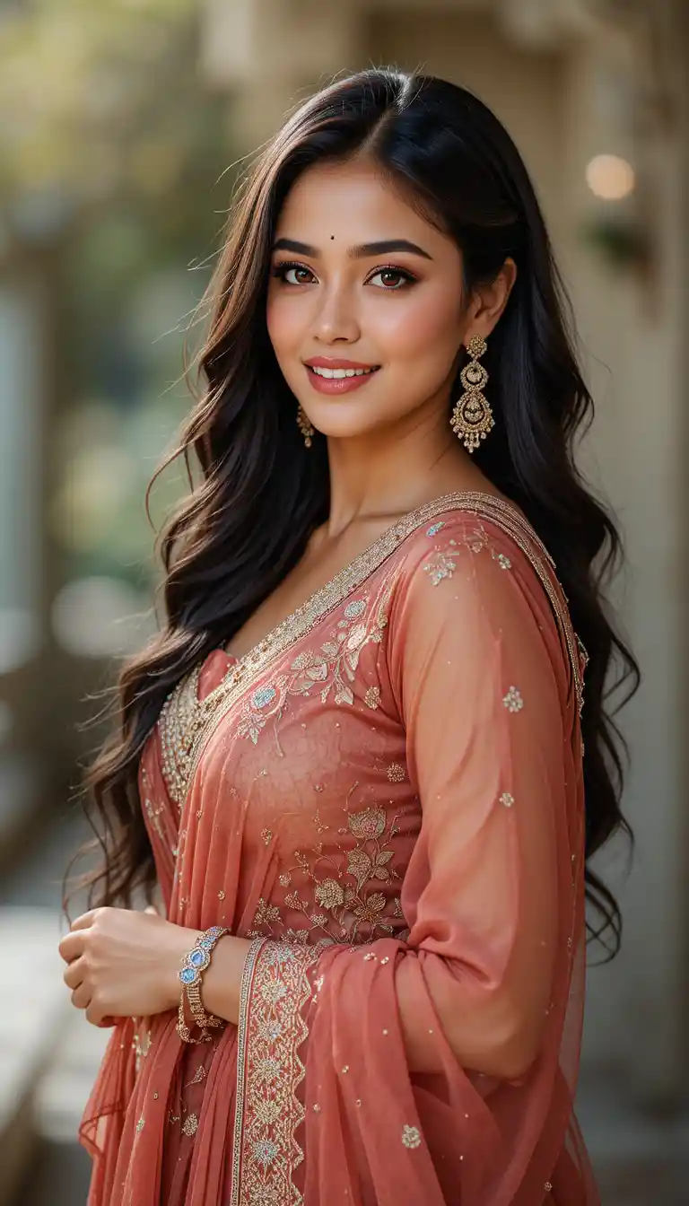 Elegant Indian woman smiling with long dark hair
