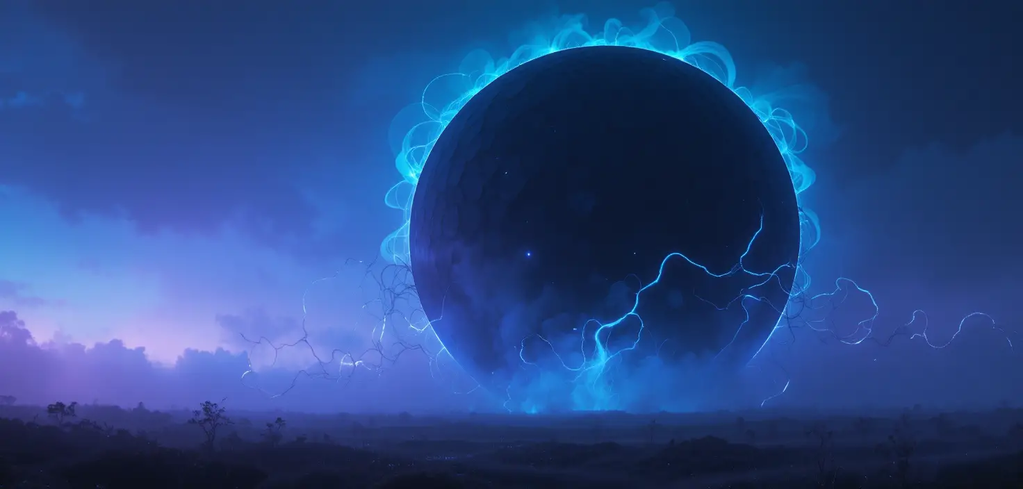 Surreal foggy landscape with colossal black circle and tendrils