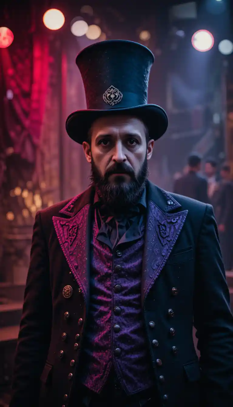 Creepy ringmaster in black and purple on center stage