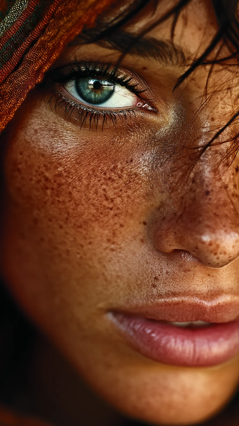 Extreme close up portrait of a freckled woman