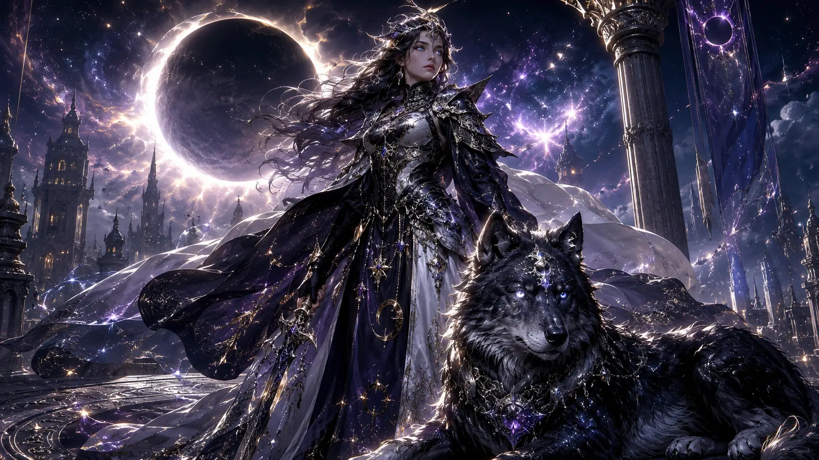 Eclipse knightess and wolf on ancient celestial tower
