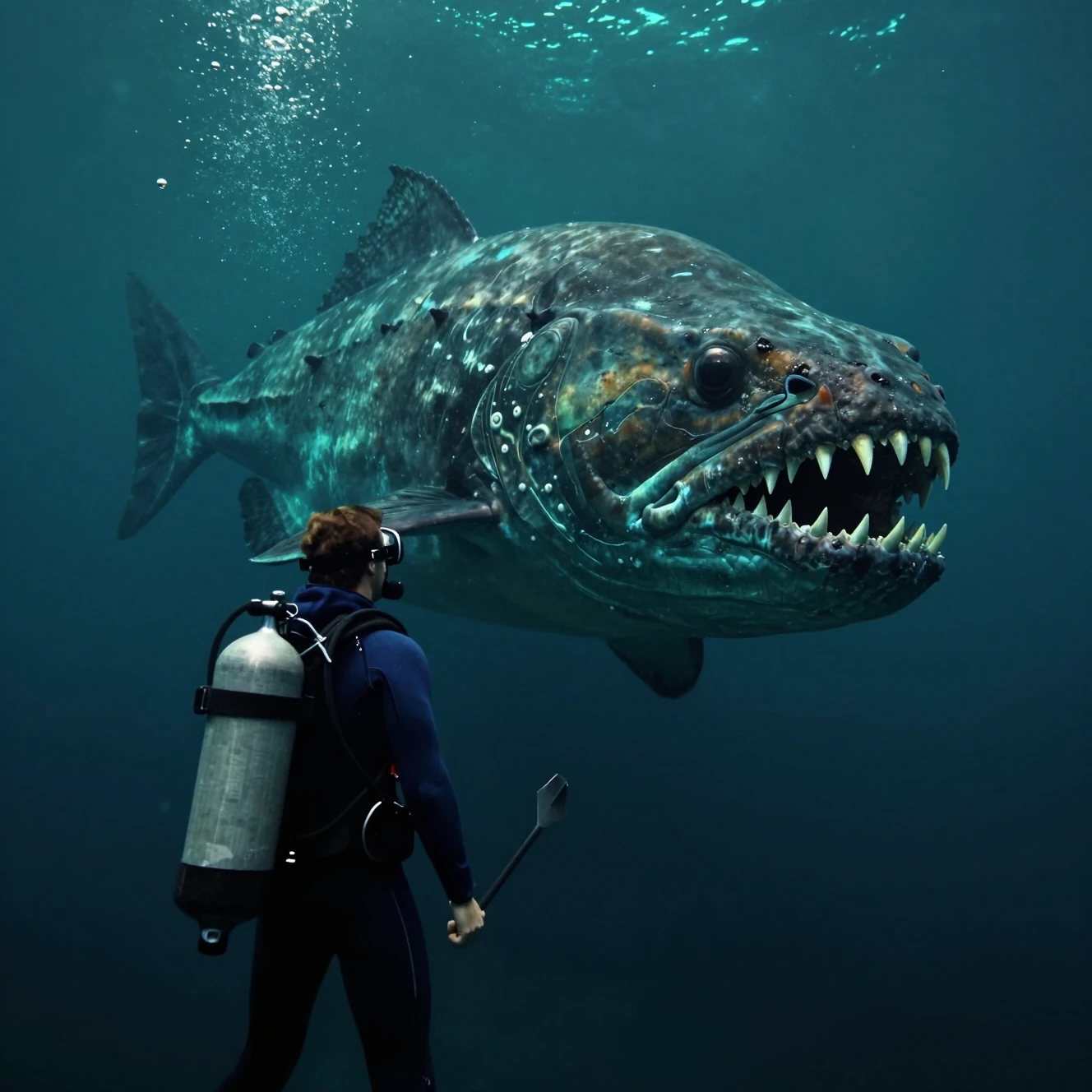 Prehistoric Dunkleosteus Stalking Diver In Dark Ocean