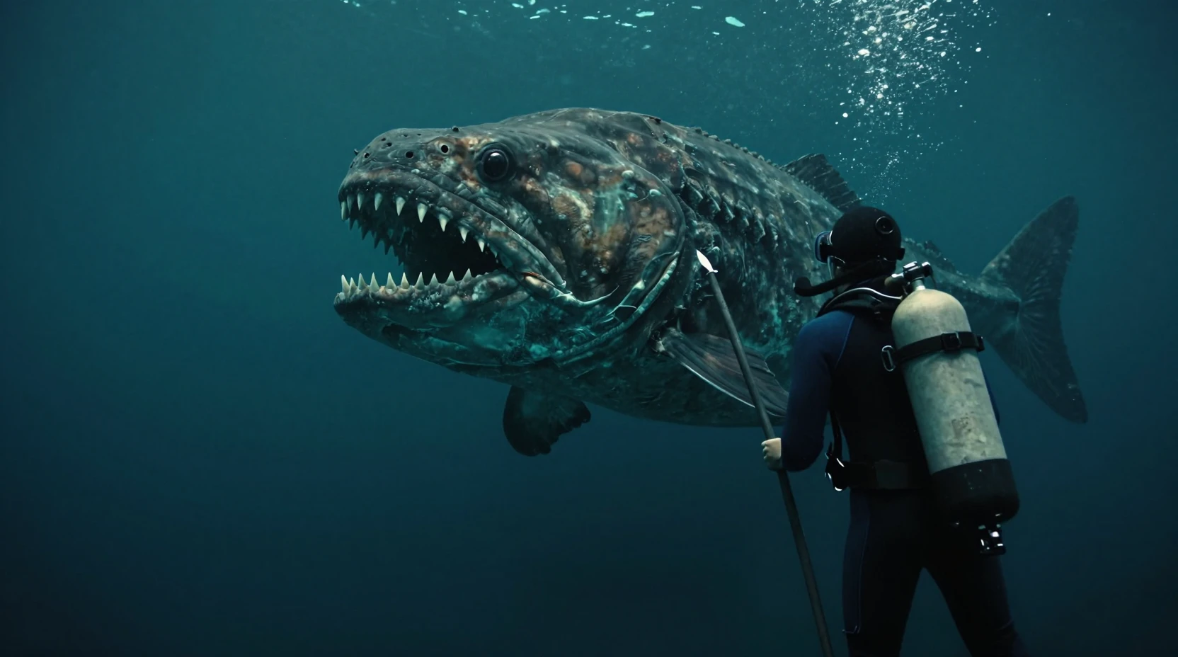 Ancient dunkleosteus stalking a diver in the deep sea