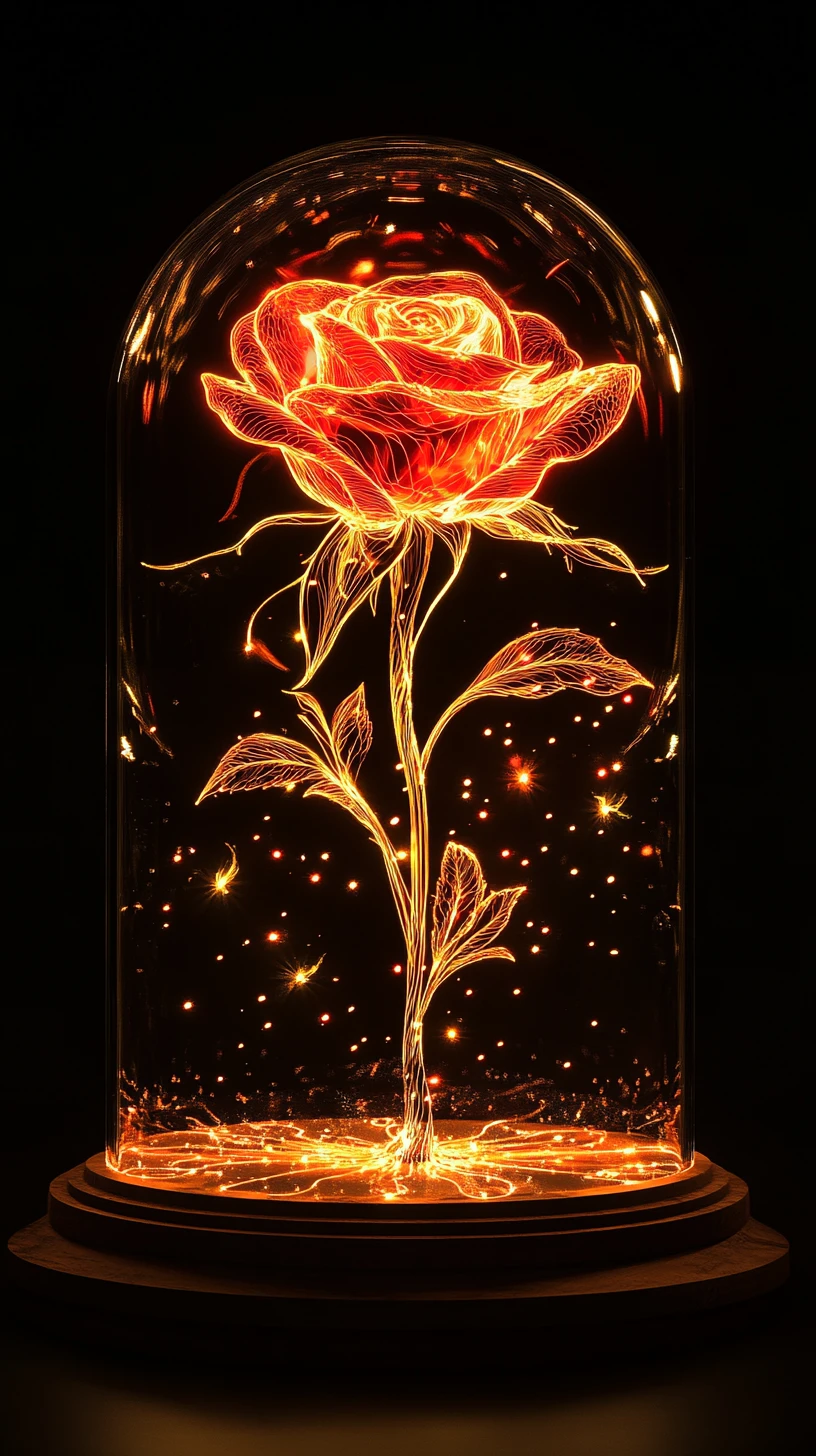 Glowing Rose Silhouette In Crystal Glass Dome On Black