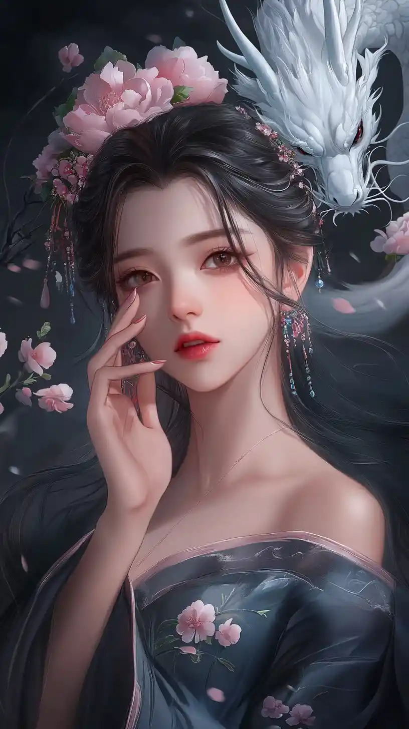 Elegant anime woman with dragon in swirling mist