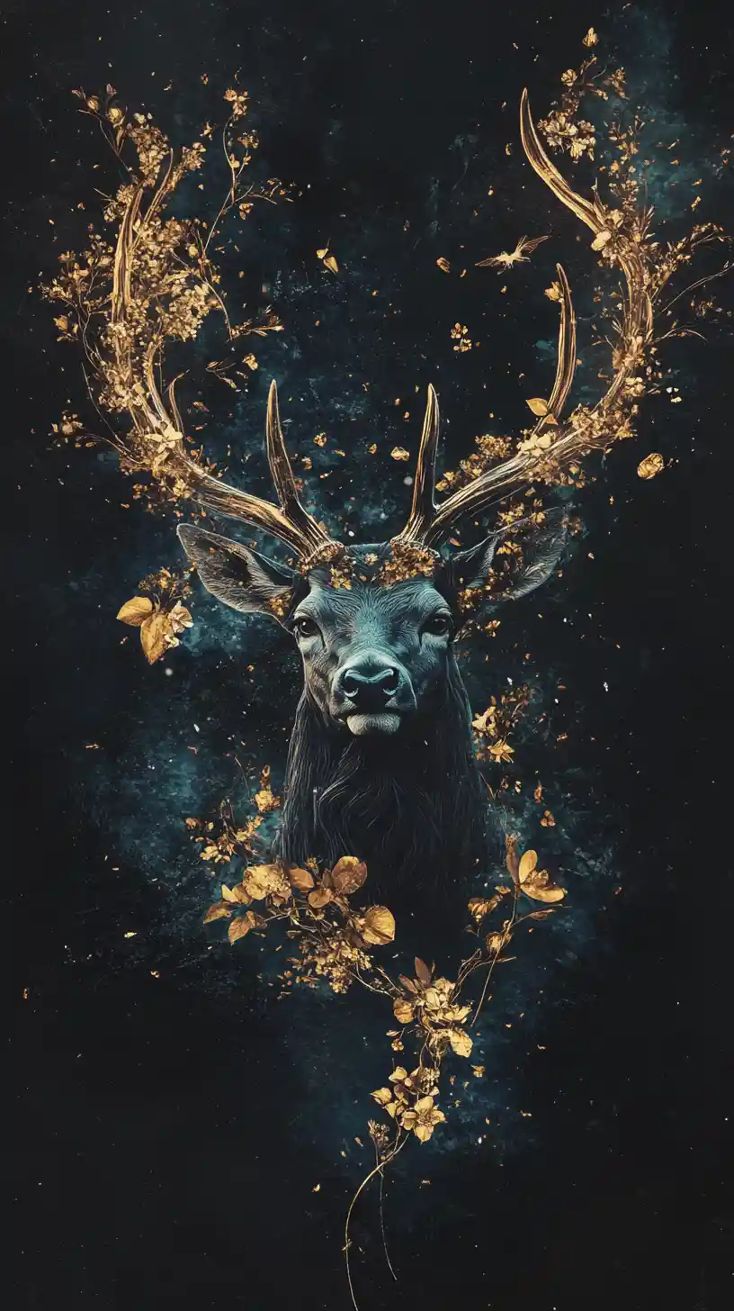 Abstract floral stag silhouette in electric blue and gold