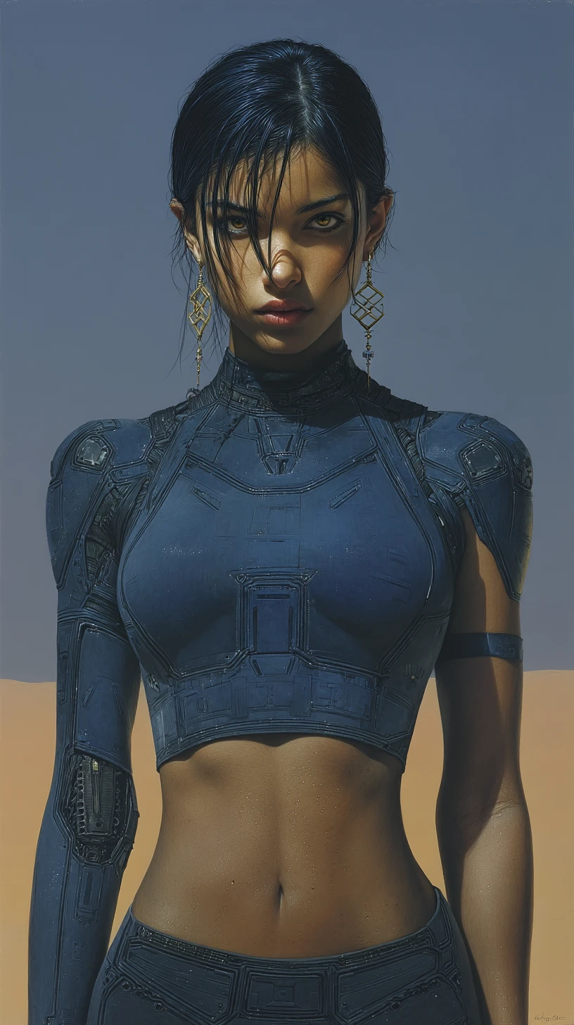 Muscular Middle Eastern woman in latex against desert dusk