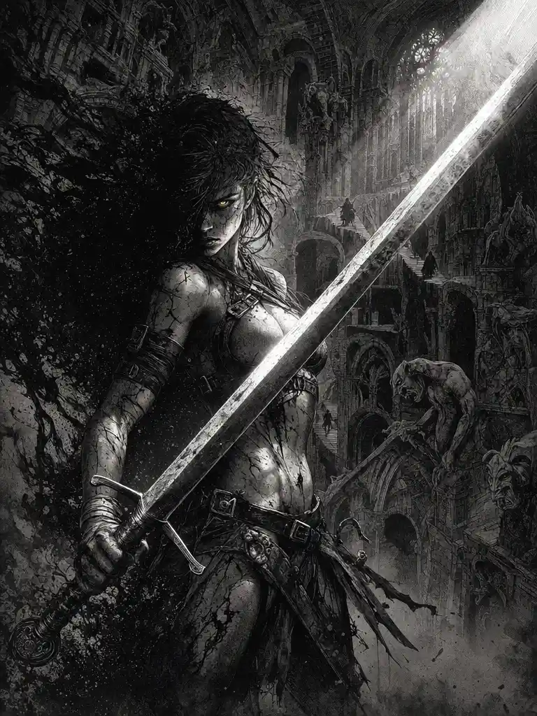 Female warrior emerging from void in gothic cathedral