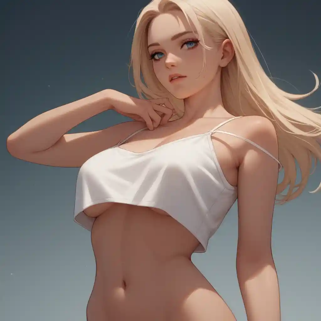 Smiling blonde woman in white crop top on white background