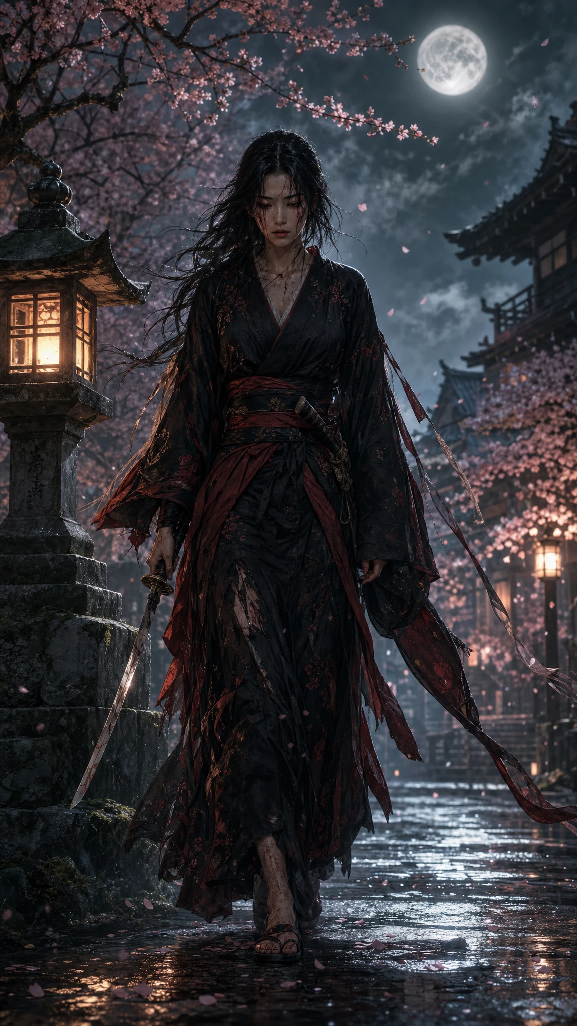 Samurai woman walking down a moonlit Japanese street