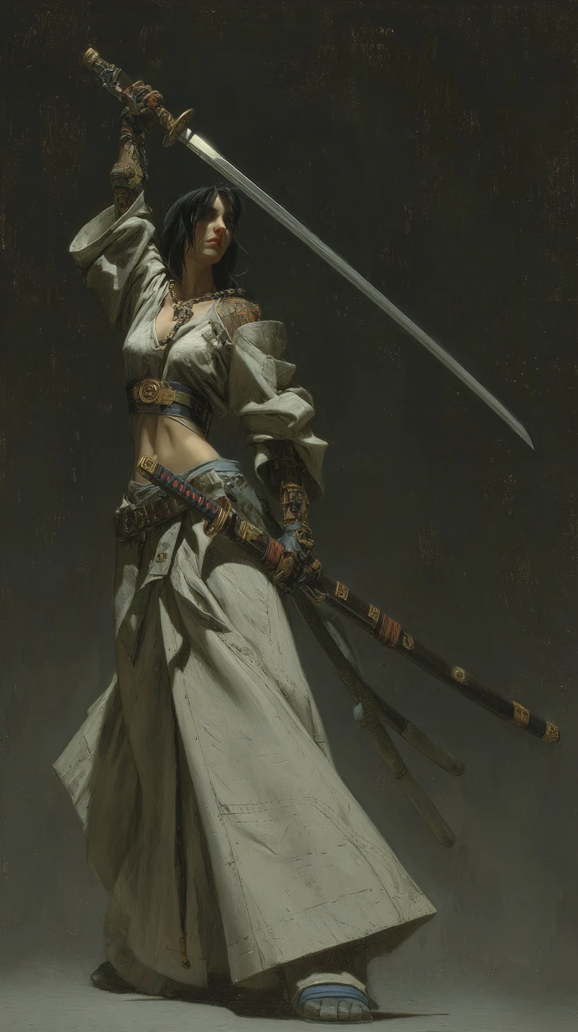 Warrior woman holding a Japanese sword in dramatic cinematic light