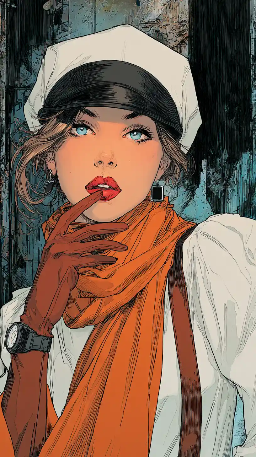 Stylish woman in white cap and orange scarf portrait
