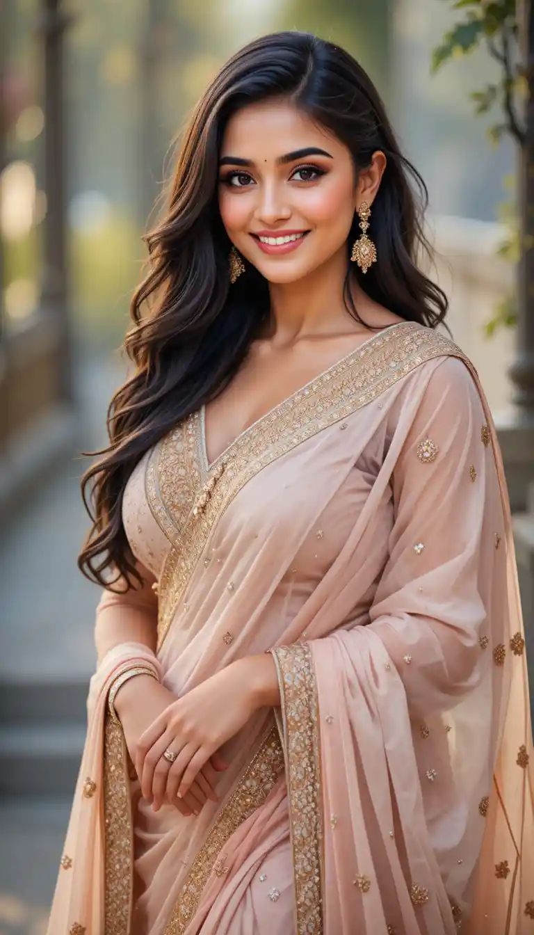 Elegant Indian woman smiling in a modern traditional outfit