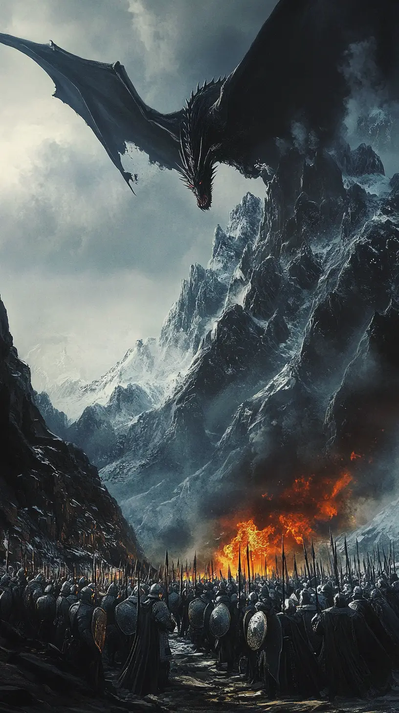 Epic dragon looms over armies at a frozen mountain battlefield