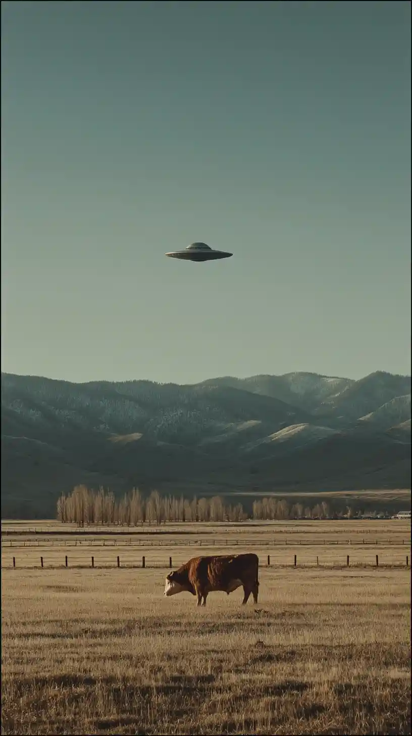 UFO hovering over cow in quiet dusk rural landscape