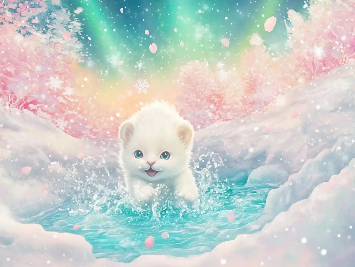 Tiny white lion cub splashing in a sparkling icy pool