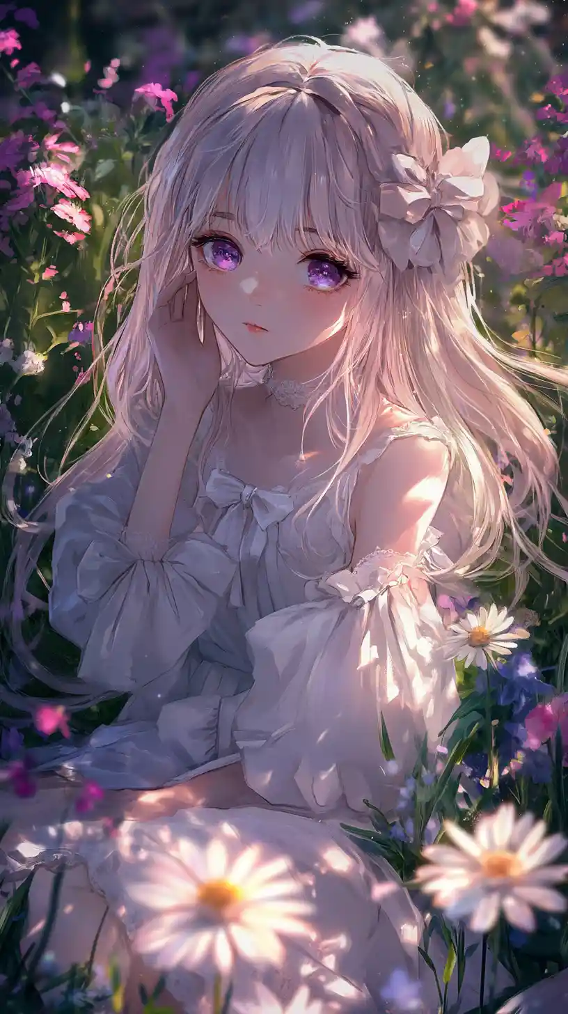 Anime girl in pink dress sitting in glowing flower field