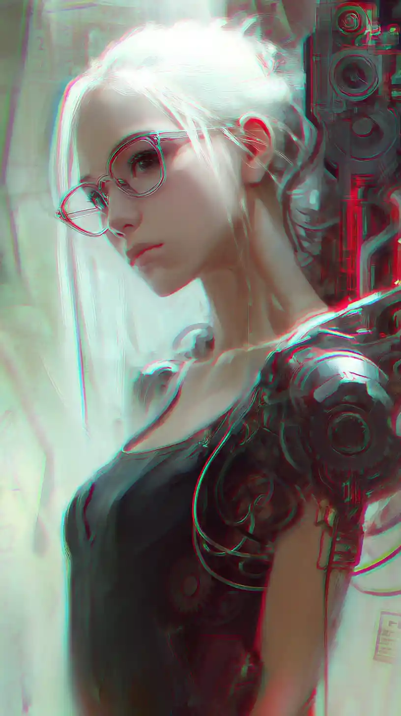 Cybernetic woman with white hair and glasses portrait