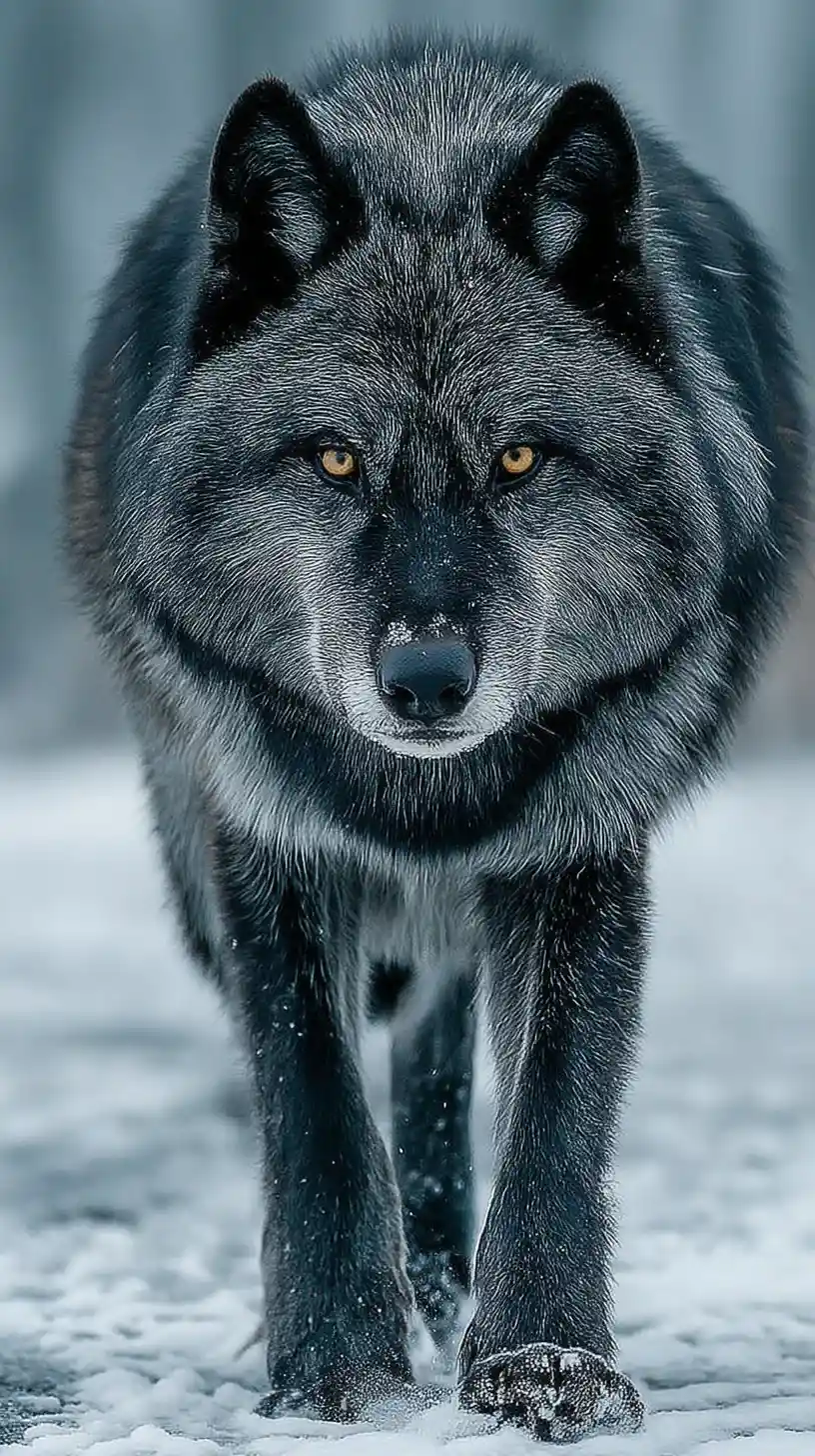 Black wolf walking through pristine snow with burning red eyes