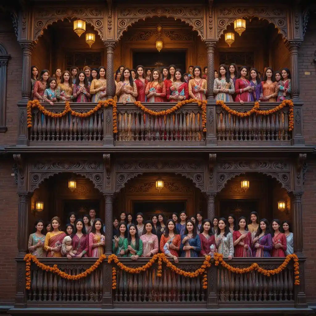Colorful women gather on ornate balcony at festive twilight