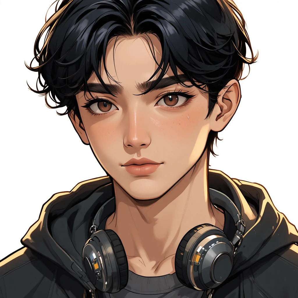 Calm young man with dark eyes and messy black hair