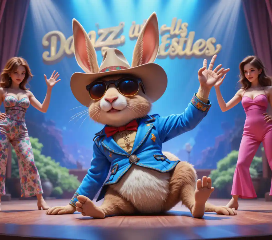 Cartoon CGI rabbit relaxing on a colorful show stage
