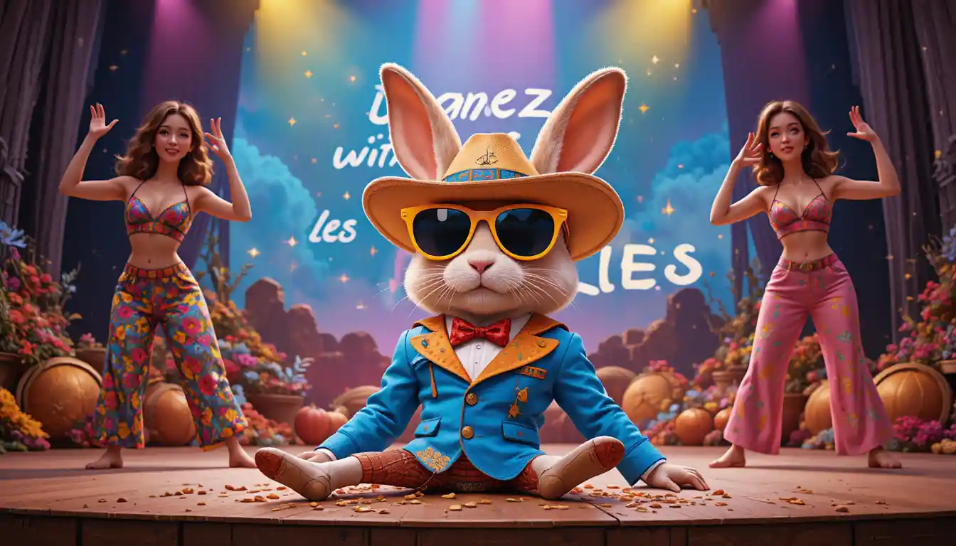Cartoon rabbit in flashy blazer relaxing on colorful stage