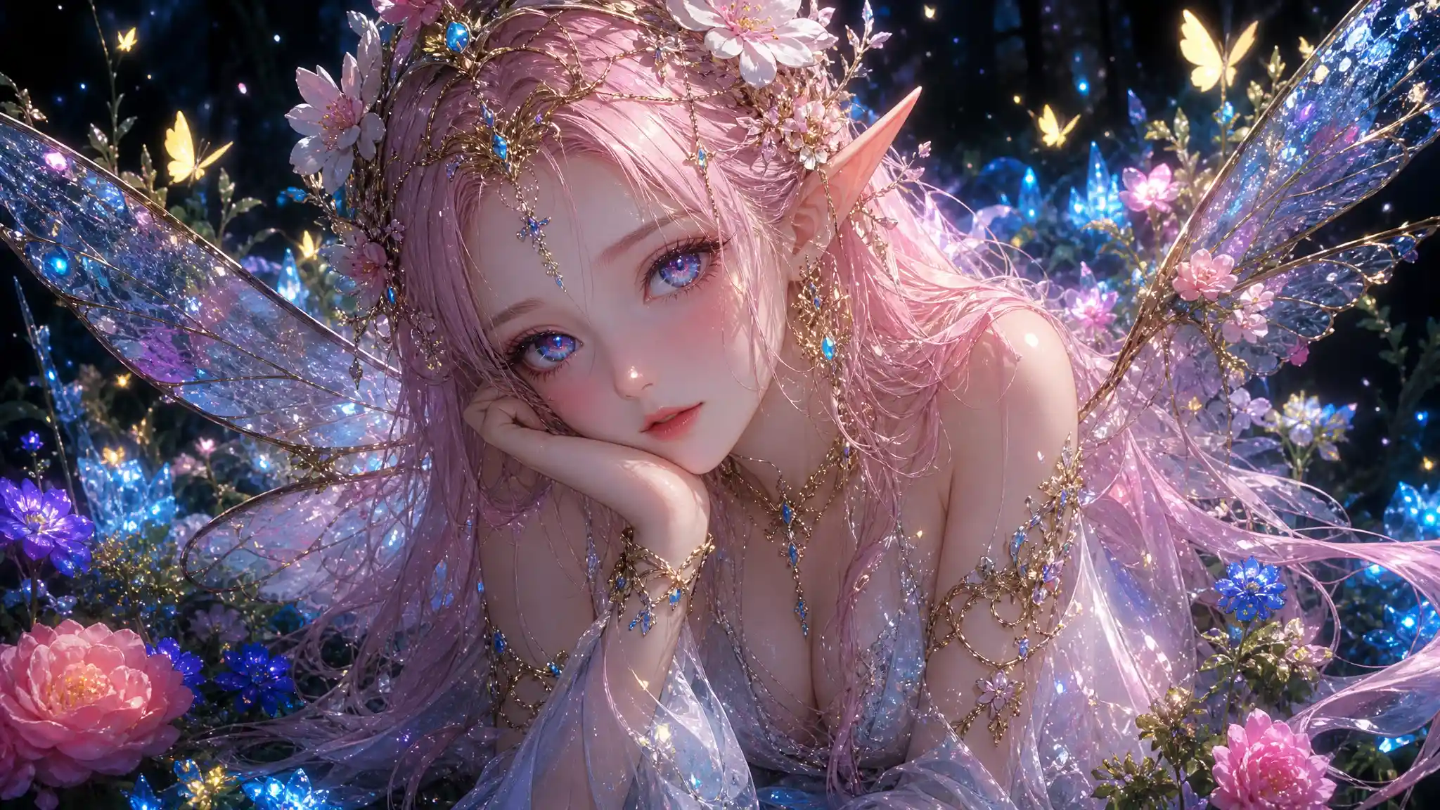 Enchanted Elf Girl Portrait In A Glowing Forest