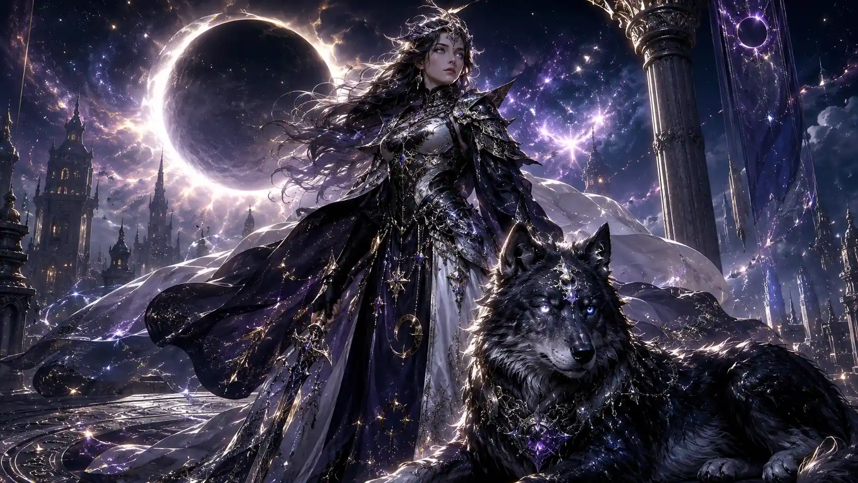 Eclipse knightess and wolf on ancient celestial tower