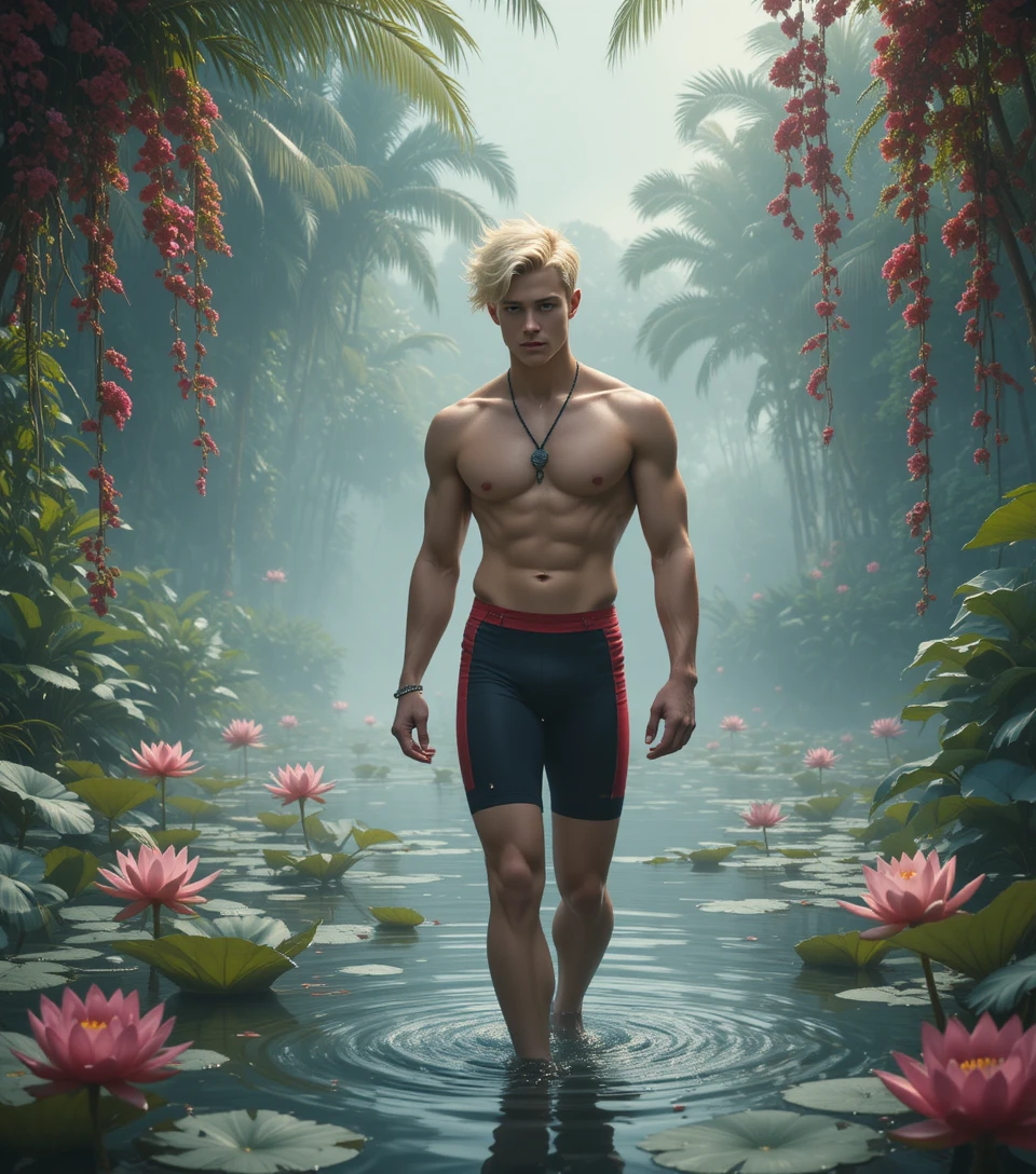 Young man walking across misty tropical lotus lake