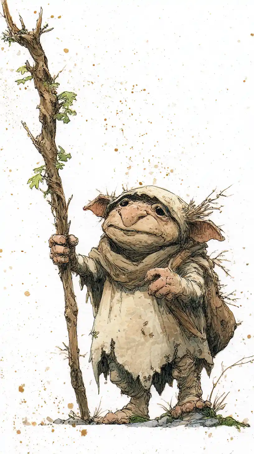 Whimsical gnome with living twig staff in watercolor ink