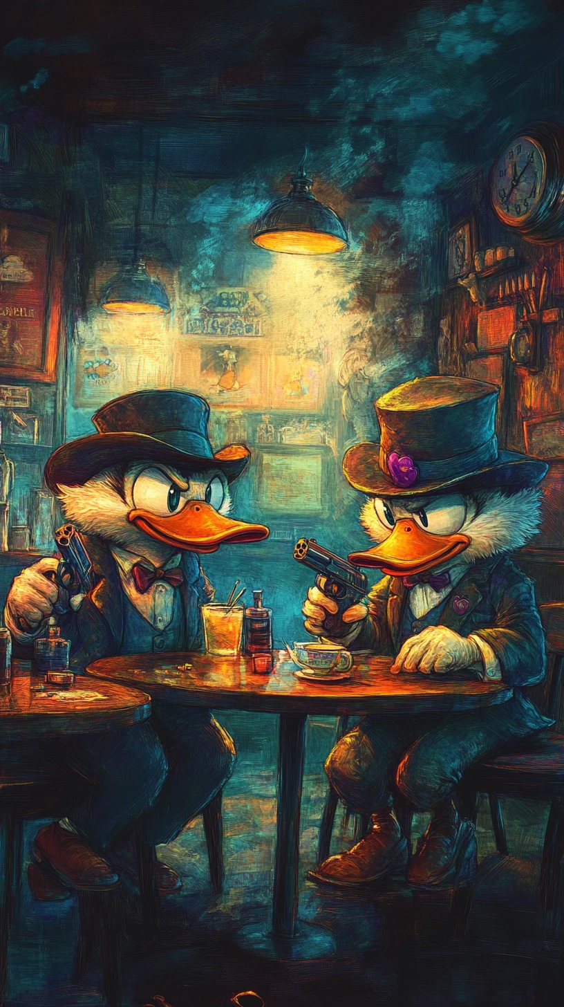 Anthropomorphic gangster ducks plotting a heist in a speakeasy