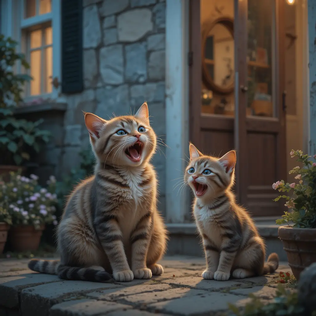 Hungry kitten meowing beside its mother outside a house