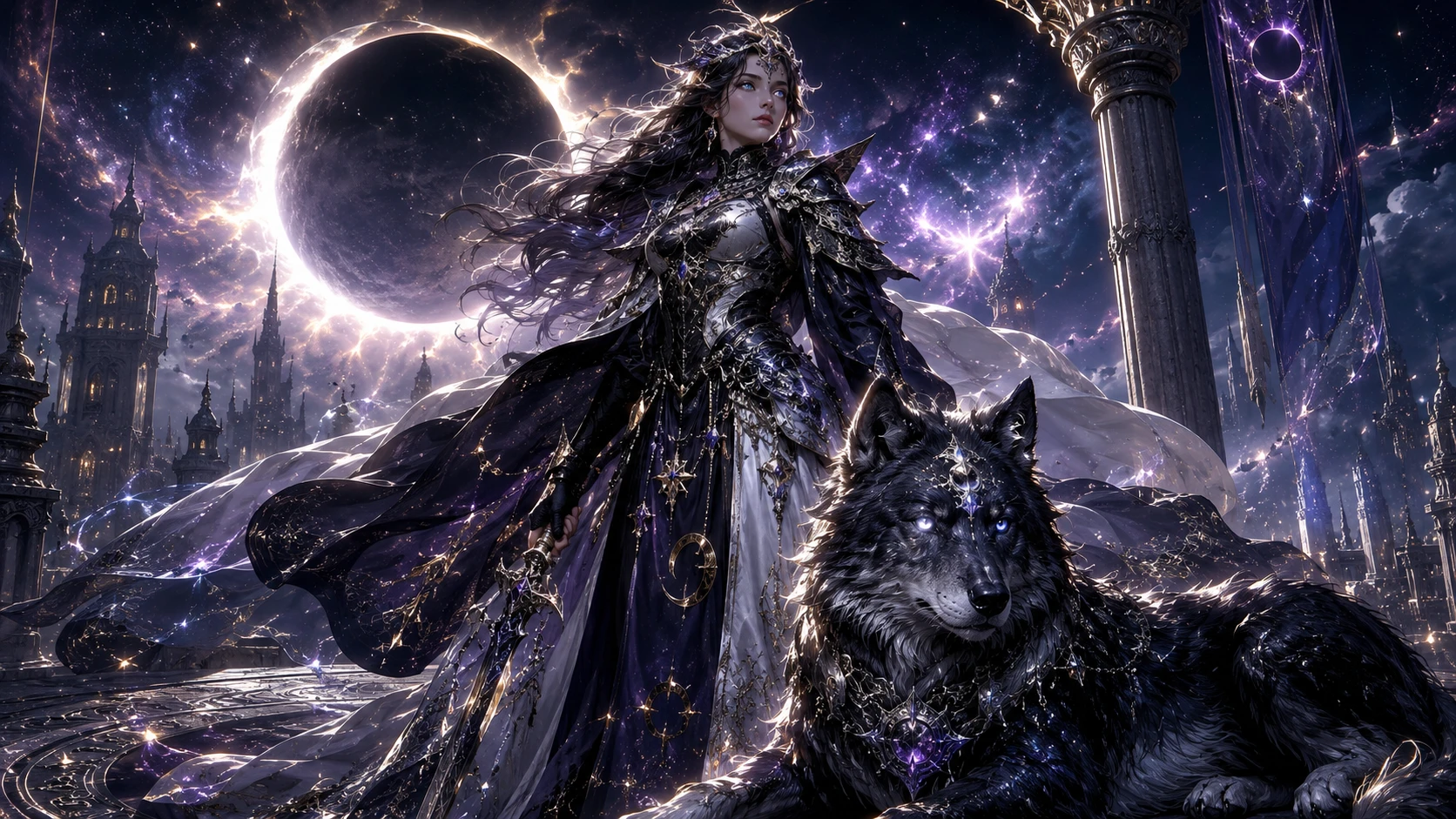 Eclipse knightess and wolf on ancient celestial tower