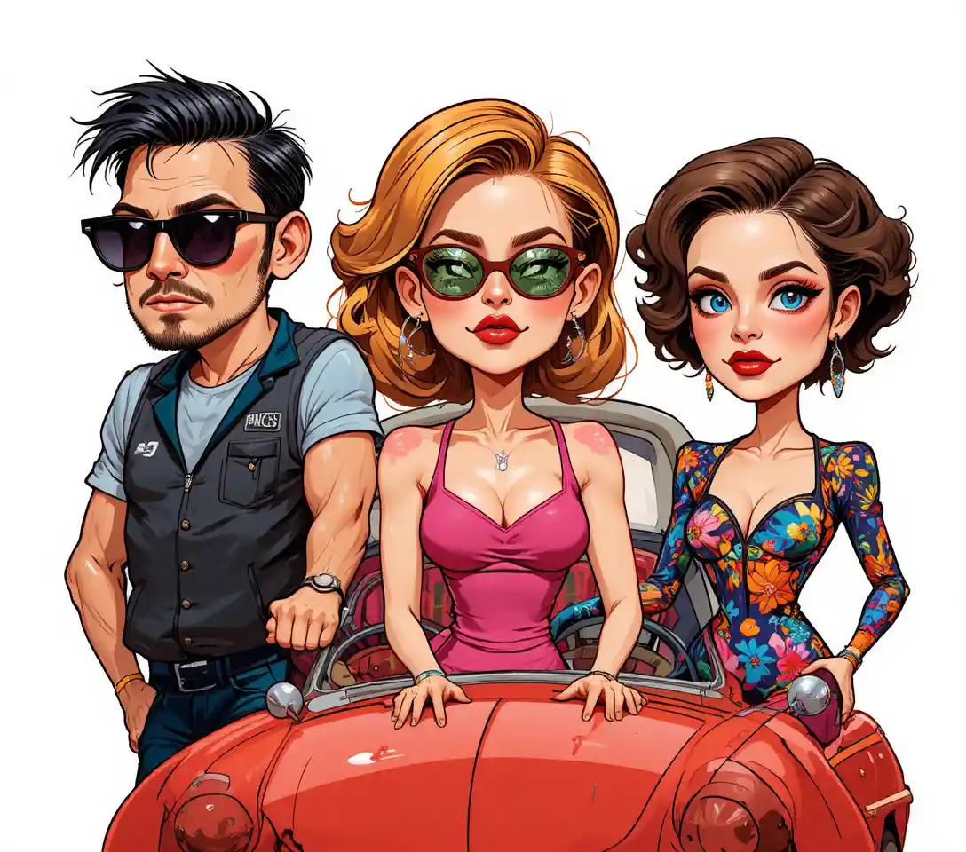 Three stylized figures with a red vintage car on white