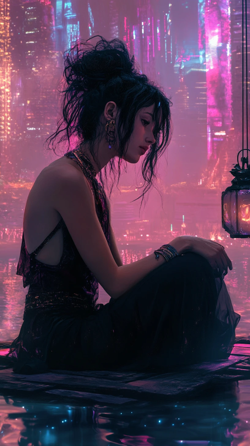Mujer meditando sobre plataforma de madera en ciudad cyberpunk de neón