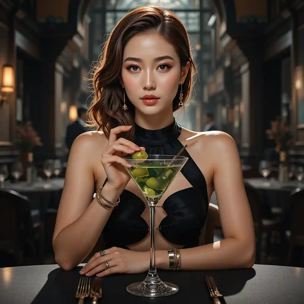 Confident Korean freshman with martini in a dark restaurant