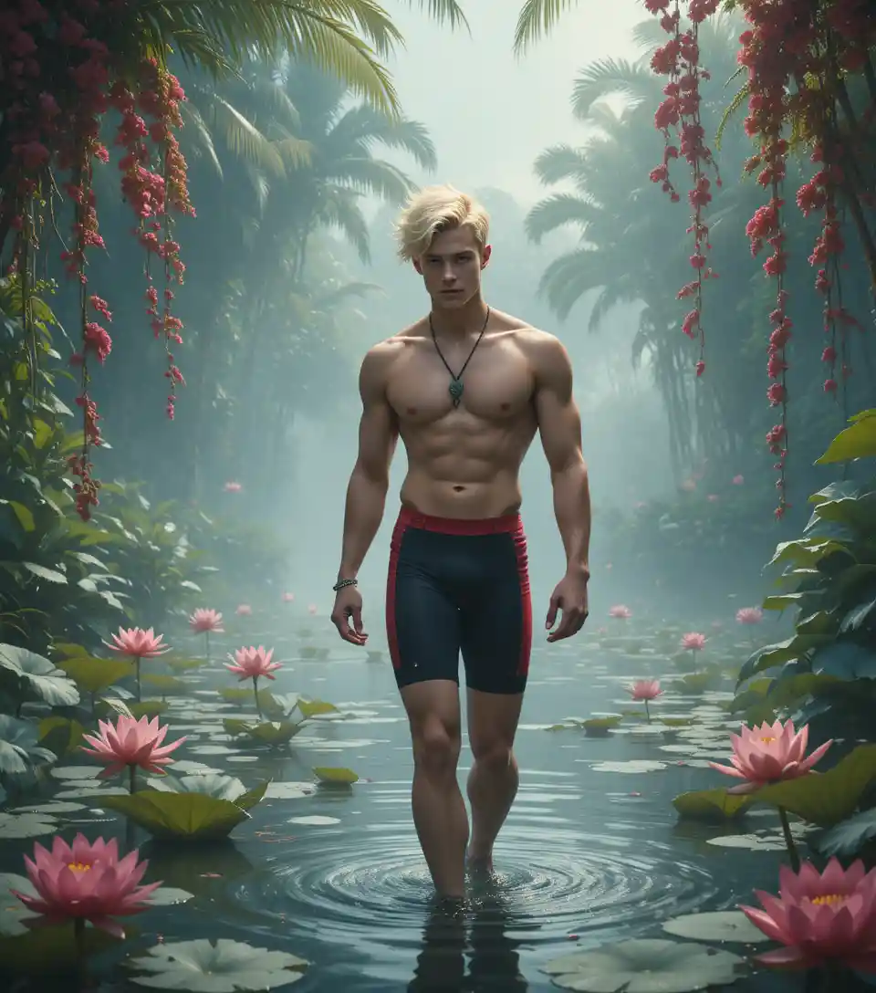 Young man walking across misty tropical lotus lake