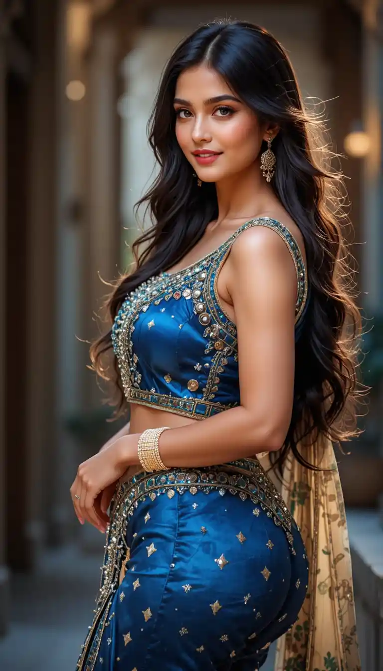 Elegant Indian woman with radiant smile and flowing hair