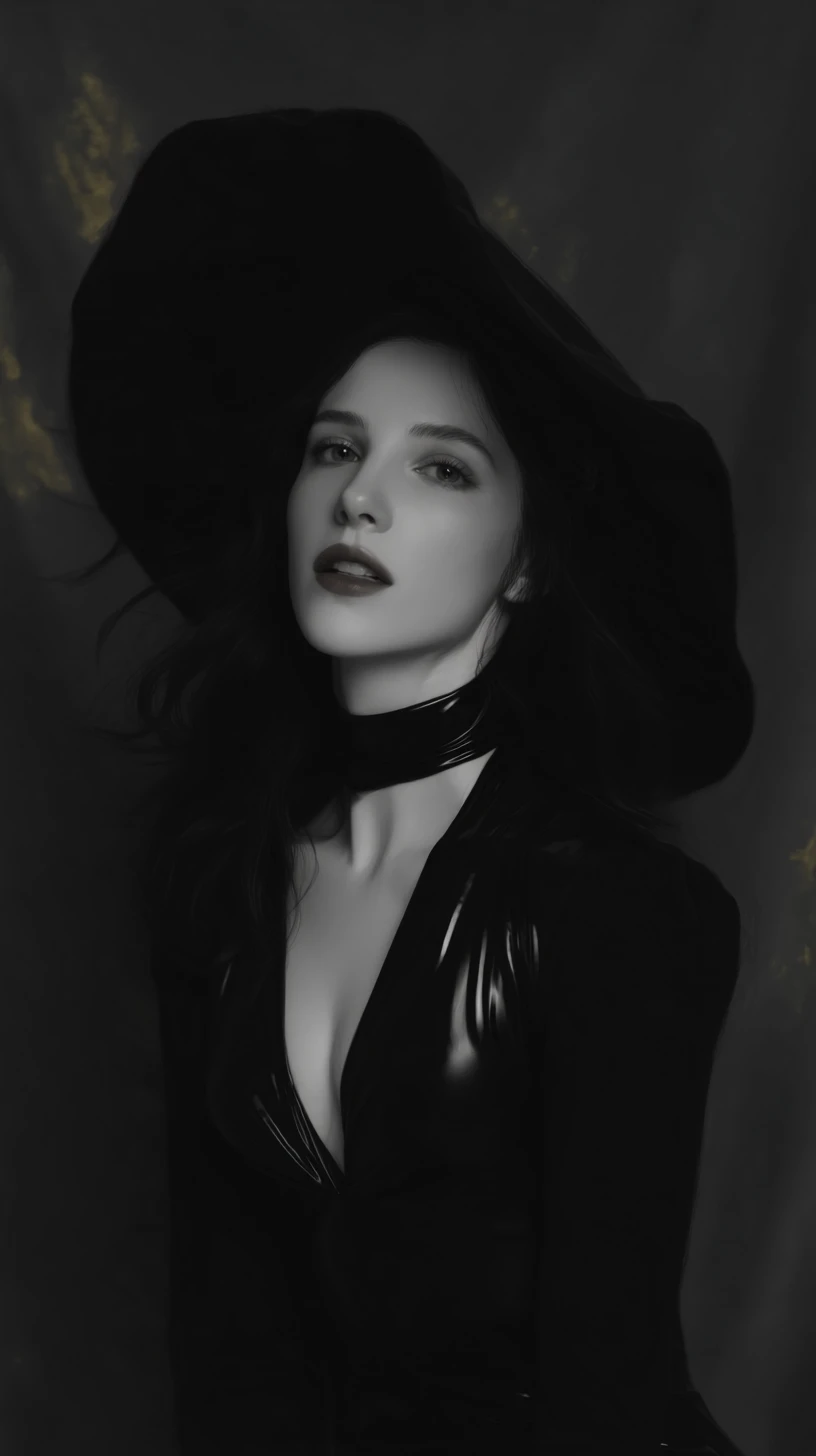 Alluring woman in black hat in dramatic monochrome portrait