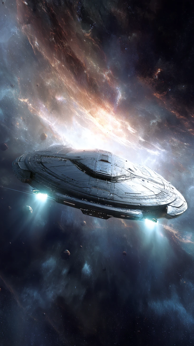 Spaceship Crossing Distorted Dimensions In Vibrant Cosmic Space