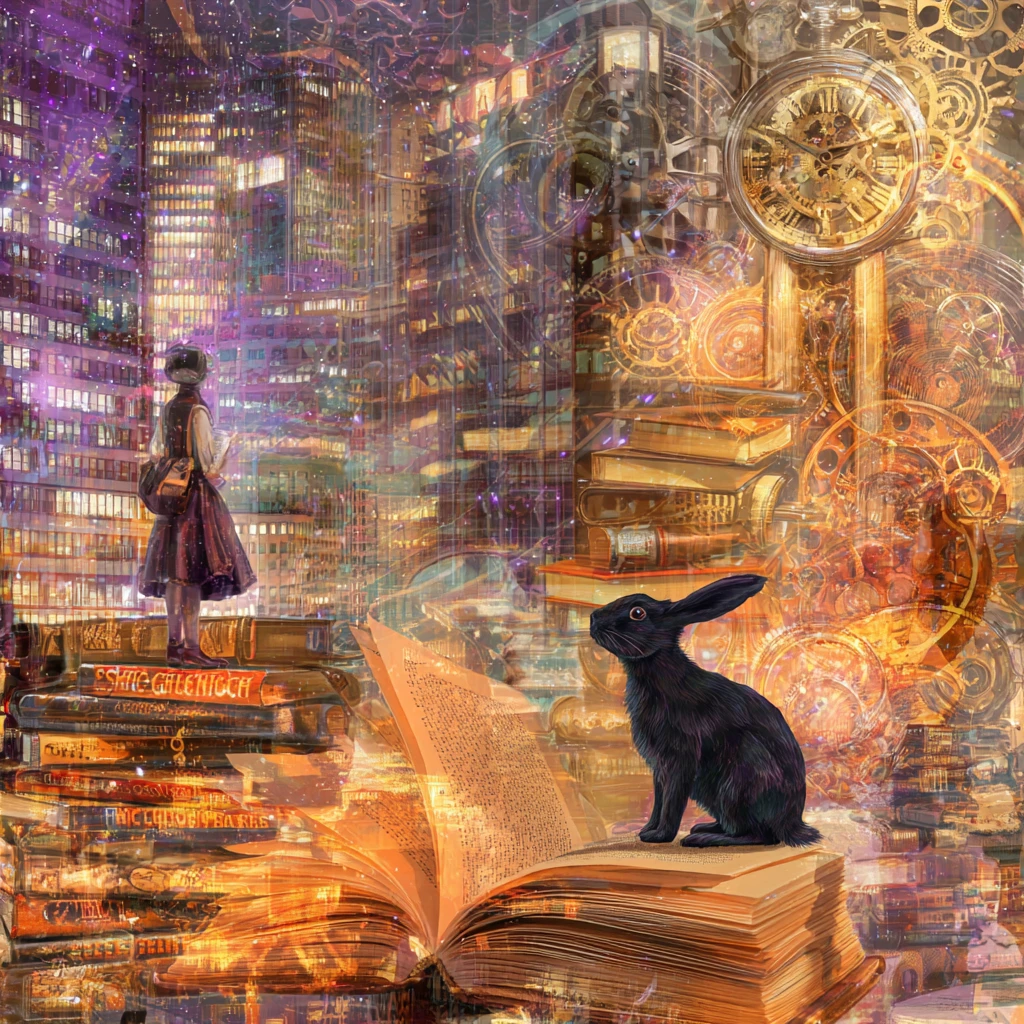 Surreal girl and rabbit emerging from glowing storybook