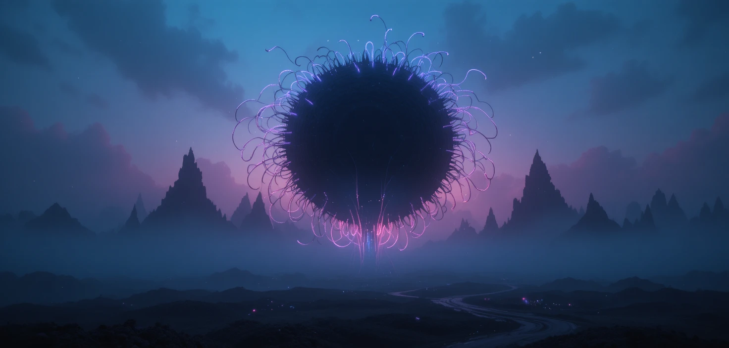 Surreal Foggy Landscape With Colossal Black Circle At Blue Hour