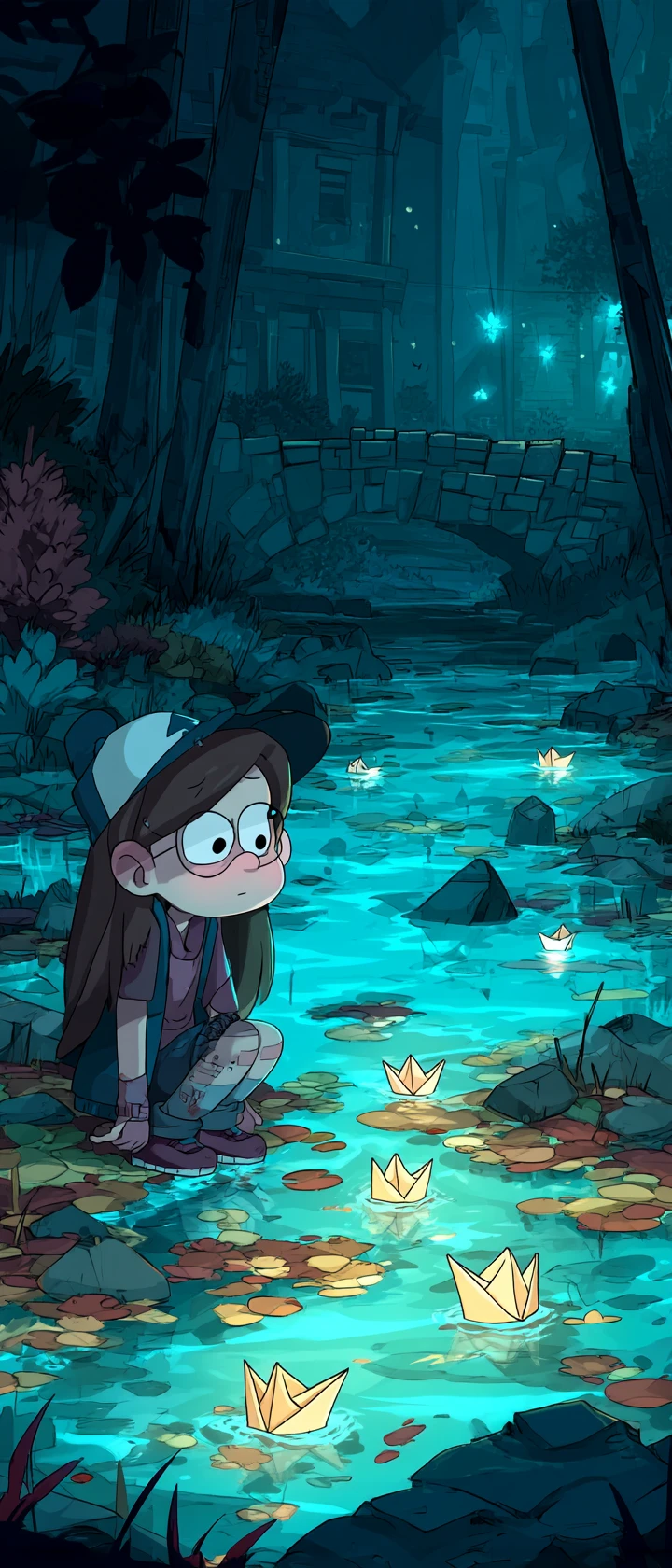 Sad anime girl kneeling by a strange backward flowing river