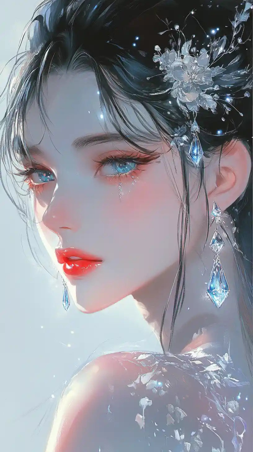 Elegant anime woman with crystal jewelry and glowing light