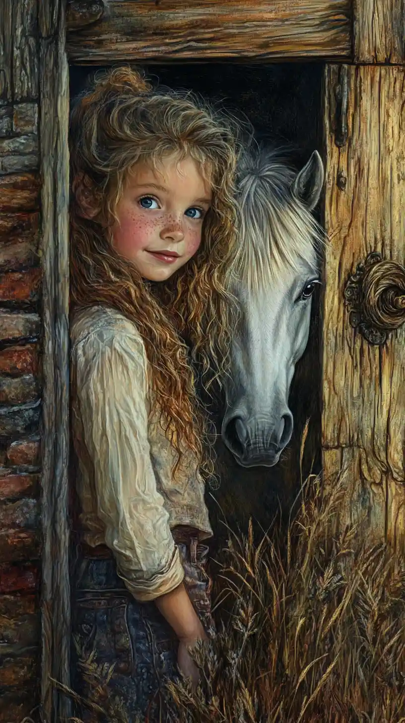 Freckled girl with pony at a mystical stone barn