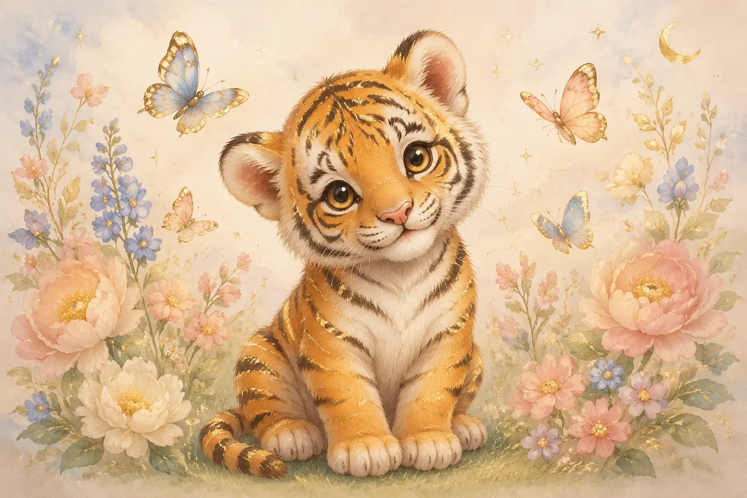Cute tiger cub with butterflies in soft nursery illustration